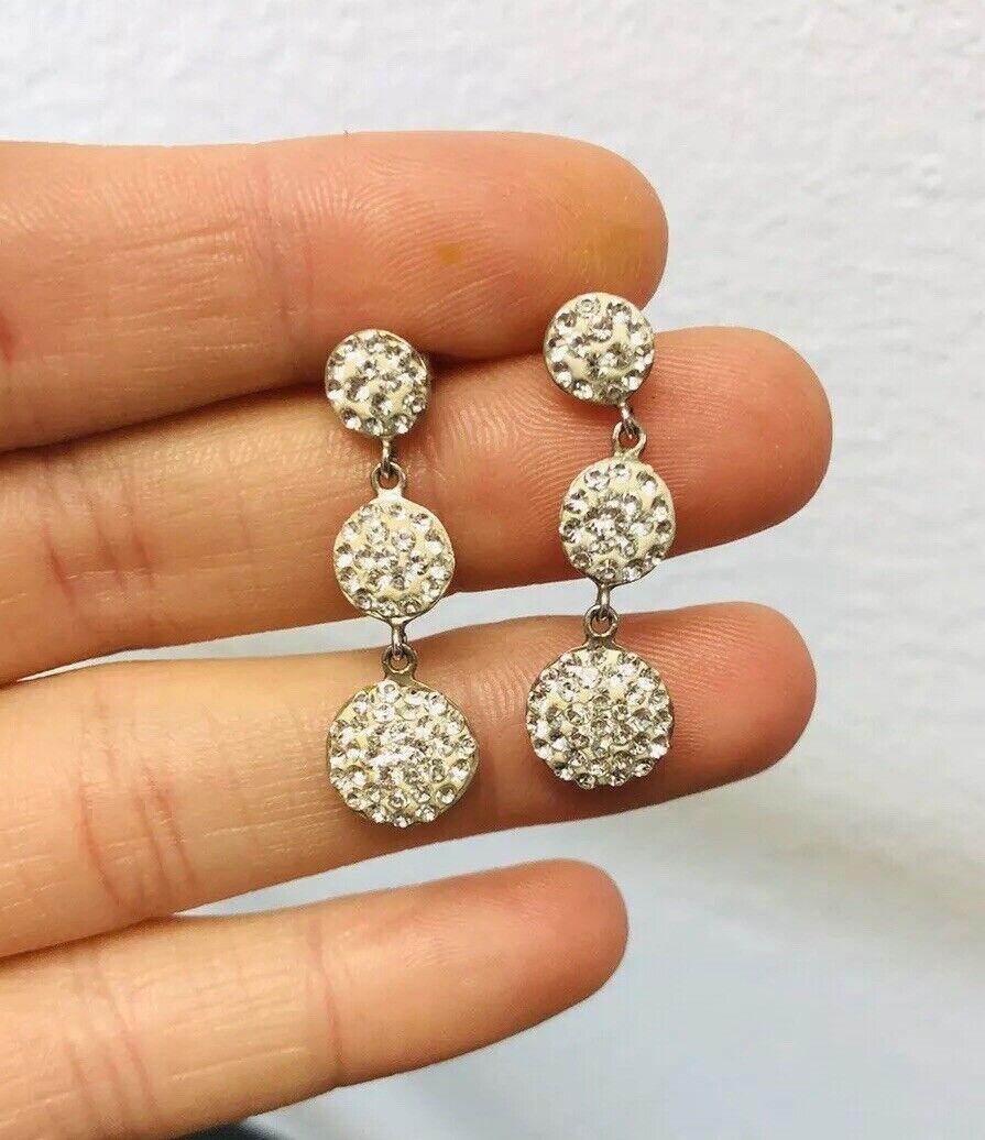 Retro Sterling Silver Cubic Zirconia Triple Drop Wedding Bridal Earrings