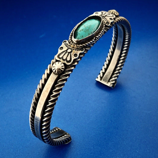 Ella Cowboy Navajo 925 Sterling Silver Turquoise Cabochon Vintage Cuff Bracelet