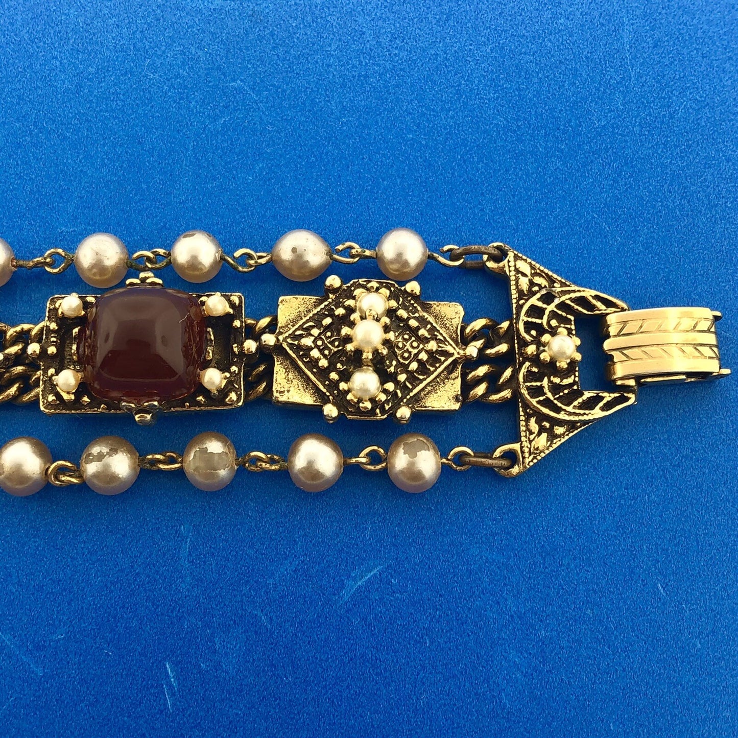 Vintage Gold Tone Faux Gem Pearl Cabochon Rhinestone Statement Panel Bracelet