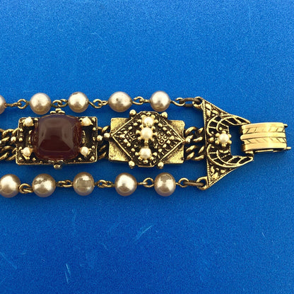 Vintage Gold Tone Faux Gem Pearl Cabochon Rhinestone Statement Panel Bracelet