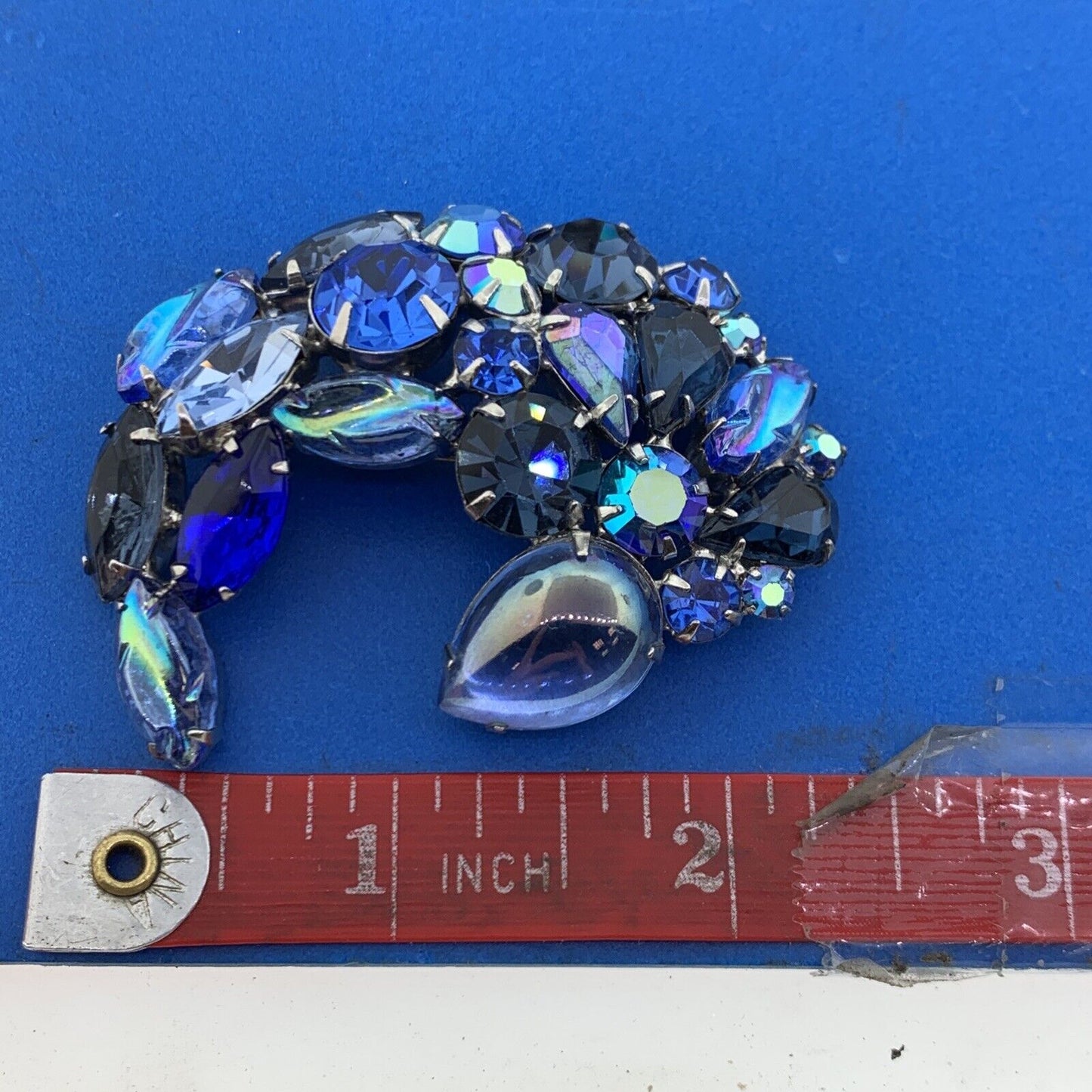 Mid Century Silver Tone Blue Aurora Borealis Rhinestone Brooch & Earrings Set