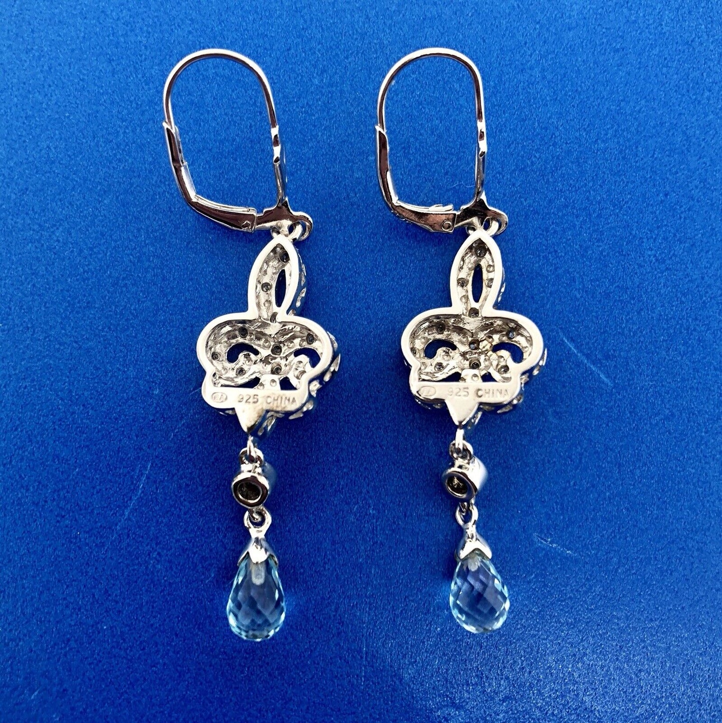 Designer EA Sterling Silver 925 Diamond Blue Topaz Fleur De Lis Drop Earrings