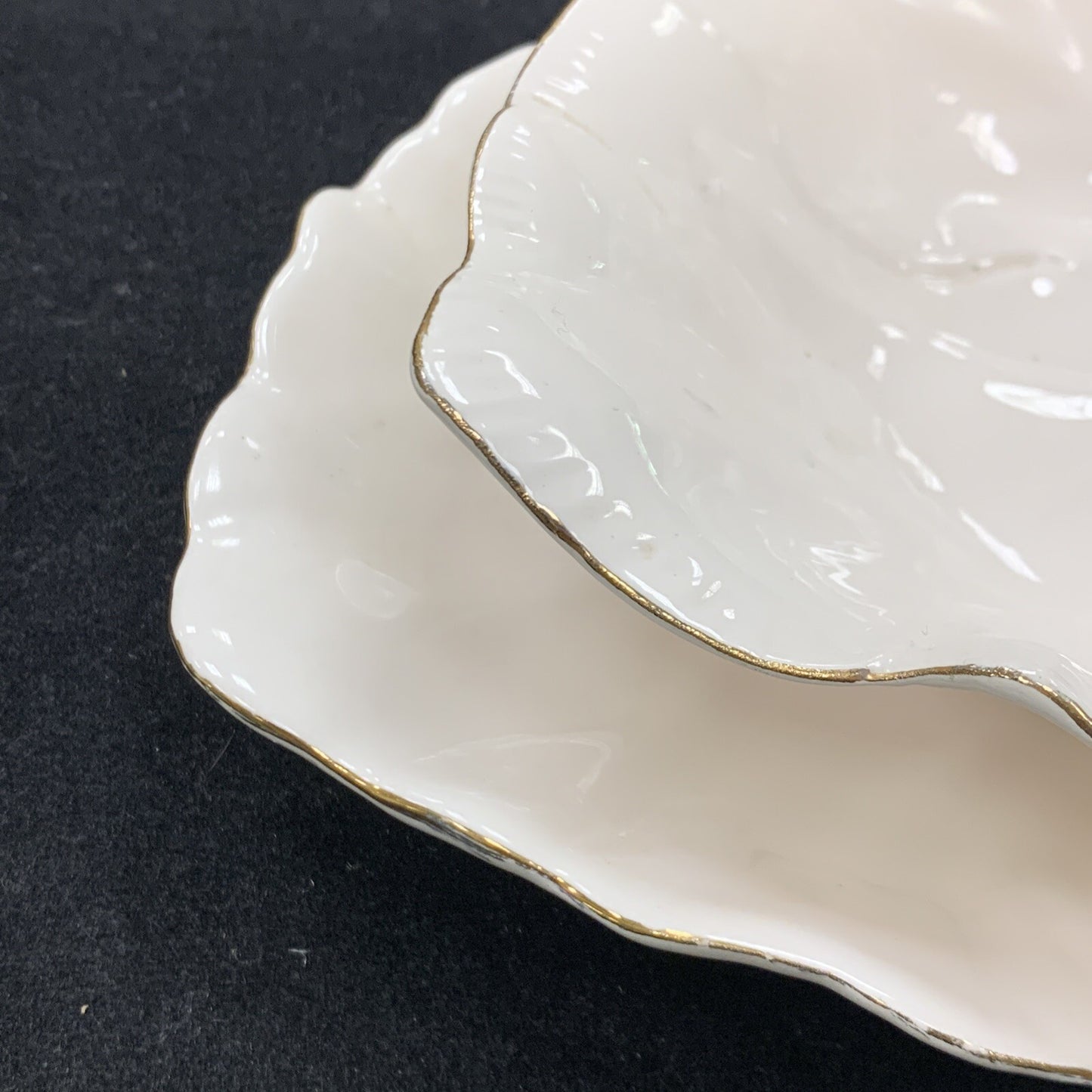 WCL China Set Of Two White Gold Rimmed Leaf Dip Candy Plate Bowl Dish