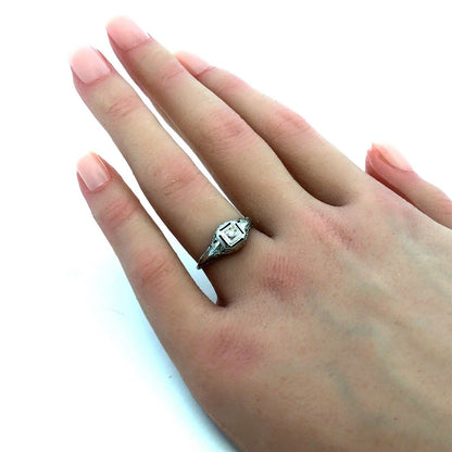Vintage Art Deco 14K White Gold Round Diamond Filigree Square Engagement Ring