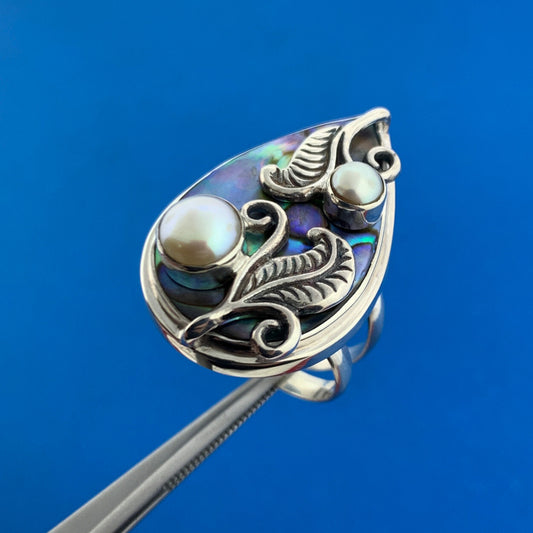 Vintage Merav 925 Sterling Silver Abalone Pearl Vine Leaf Design Statement Ring