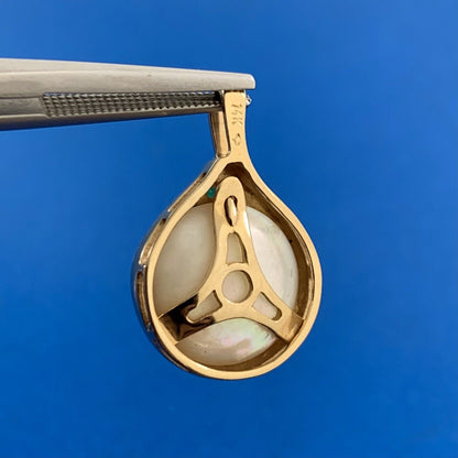 Designer 14K Yellow Gold Pearl Emerald Dangle Drop Pendant