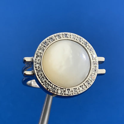 Designer Modernist 925 Sterling Silver Mother Of Pearl White Topaz Halo Ring