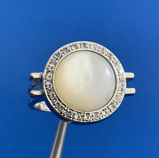 Designer Modernist 925 Sterling Silver Mother Of Pearl White Topaz Halo Ring