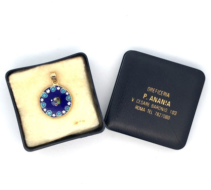 Designer Italy Vintage Gold Tone Millefiori Venetian Glass Original Box Pendant