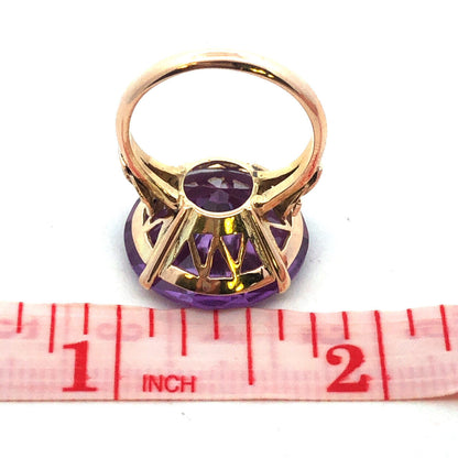 Vintage Designer 14K Yellow Gold Round Purple Sapphire Statement Solitaire Ring