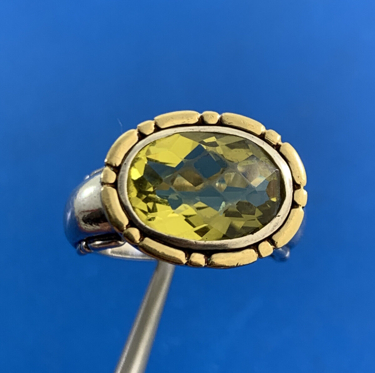 Designer Sterling Silver 18K Yellow Gold Oval Peridot Statement Cocktail Ring