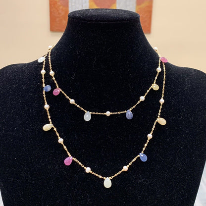 Designer 18K Yellow Gold Spinel Ruby Sapphire Pearl Station Long Chain Necklace