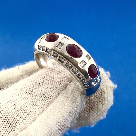 Art Deco Art Nouveau 18K White Gold Ruby Diamond July Anniversary Band Ring