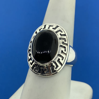 Designer 925 Sterling Silver Oval Black Onyx Cabochon Greek Etched Halo Ring
