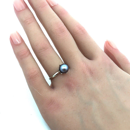 Designer P 14K White Gold Round Tahitian Pearl Solitaire June Anniversary Ring