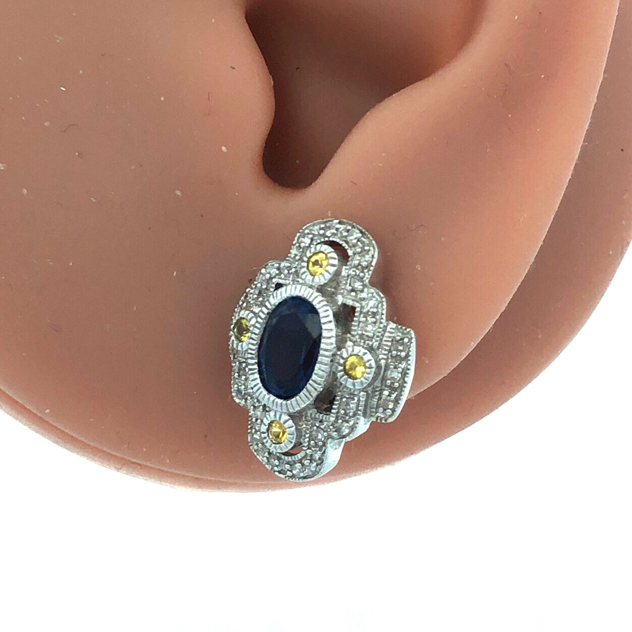 Designer 10K White Gold Oval Tanzanite Yellow Topaz Diamond Stud Earrings