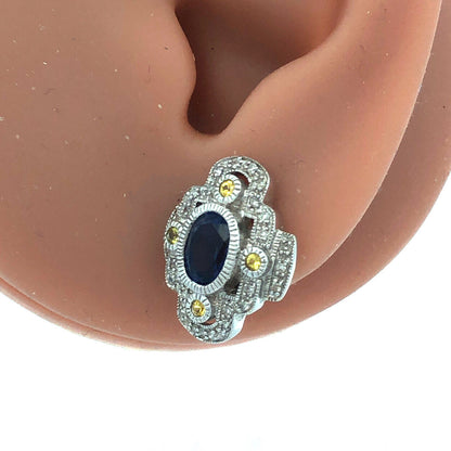 Designer 10K White Gold Oval Tanzanite Yellow Topaz Diamond Stud Earrings