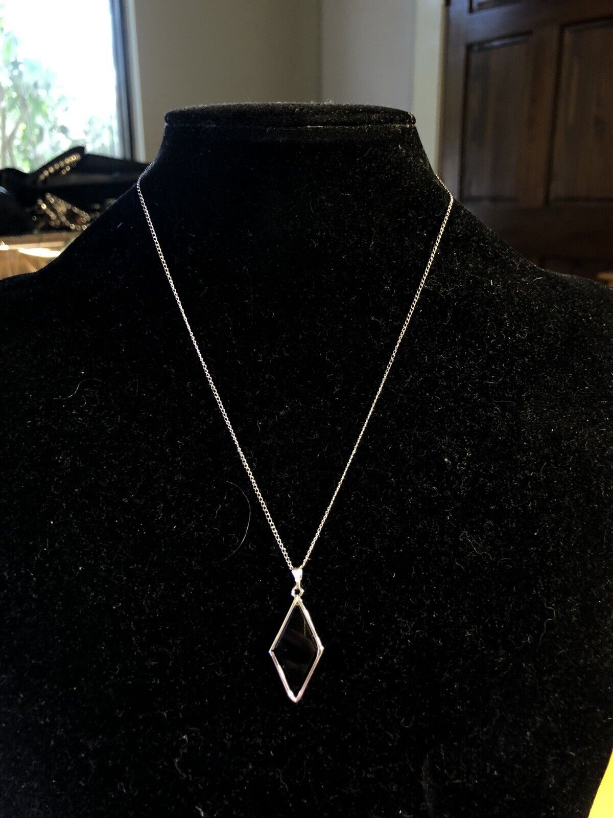 Estate 925 Sterling Silver Black Onyx Modernist Pendant Necklace
