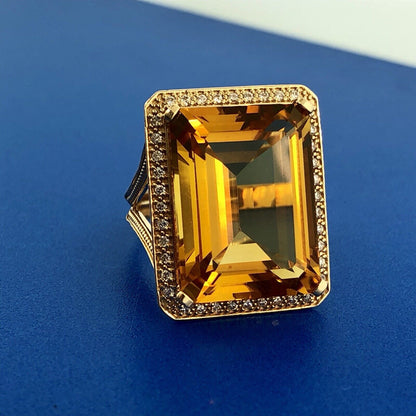 Dramatic 14K Yellow Gold Citrine Diamond Halo November Anniversary Dinner Ring