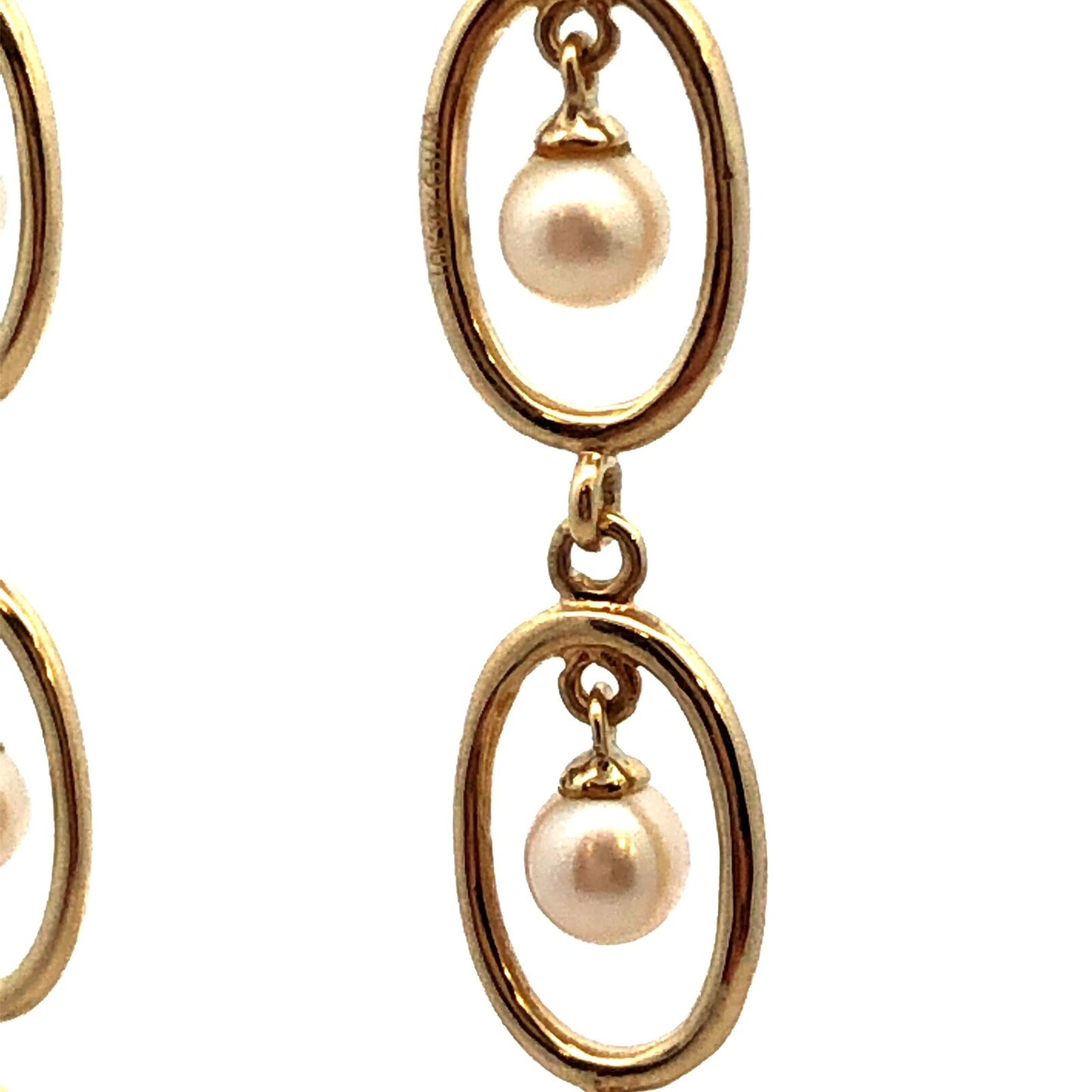 Designer 10K Yellow Gold Round White Pearl Oval Dangle Leverback Earrings
