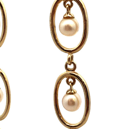 Designer 10K Yellow Gold Round White Pearl Oval Dangle Leverback Earrings