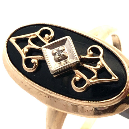 Designer PSCO 10K Yellow Gold Oval Black Onyx Diamond Art Deco Style Ring