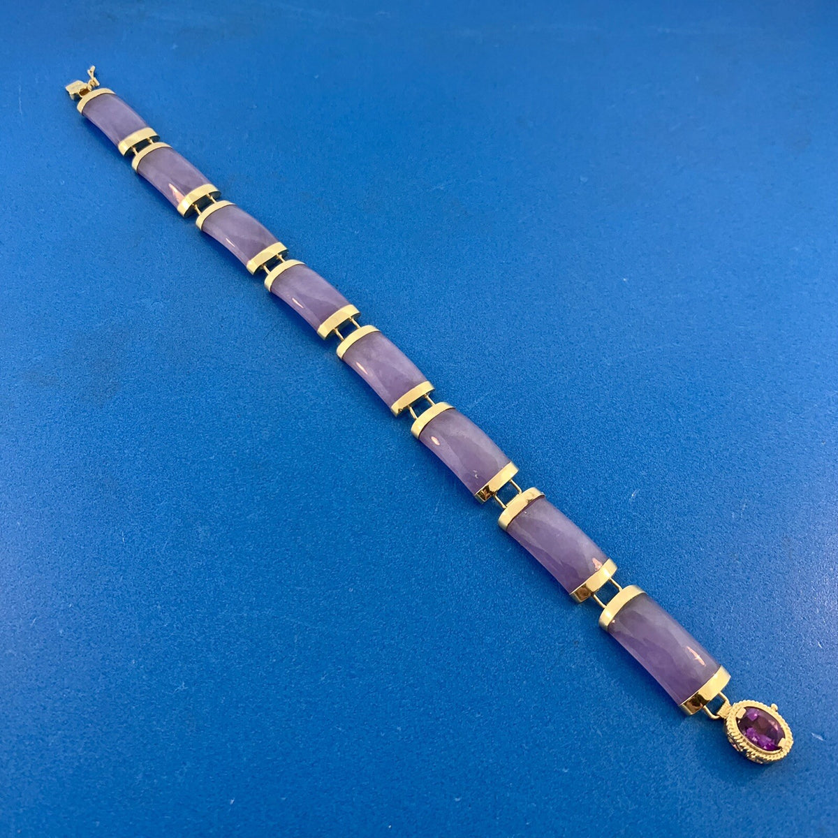 Designer 14K Yellow Gold Lavender Jade Bar Amethyst Statement Tennis Bracelet