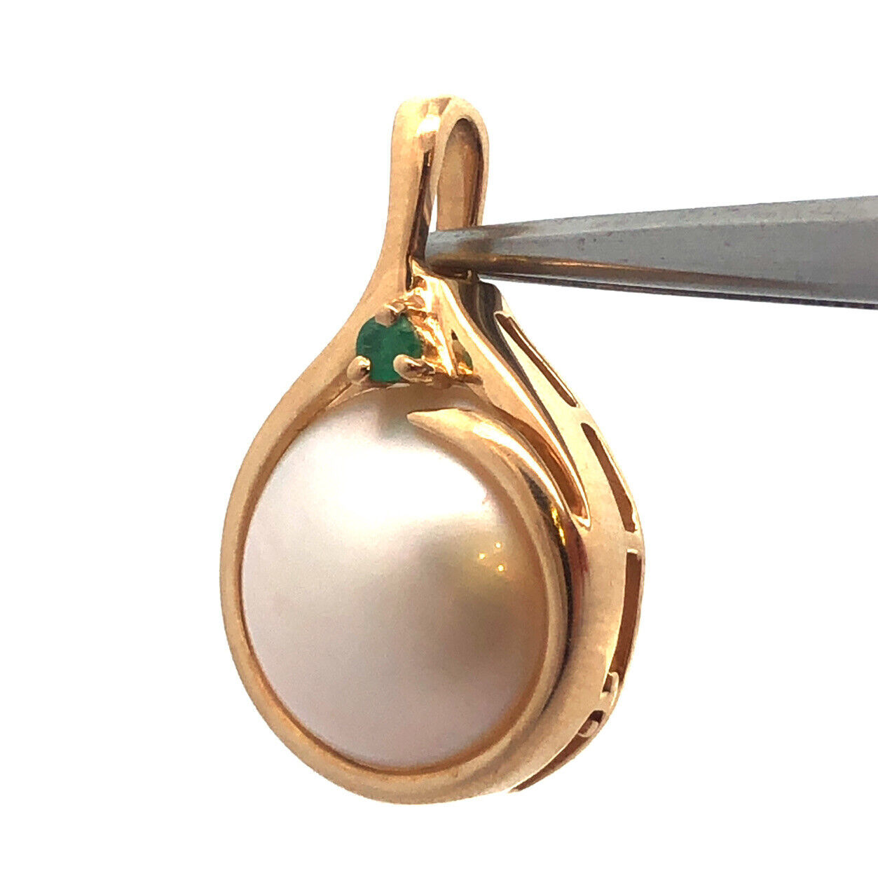 Designer 14K Yellow Gold Pearl Emerald Dangle Drop Pendant