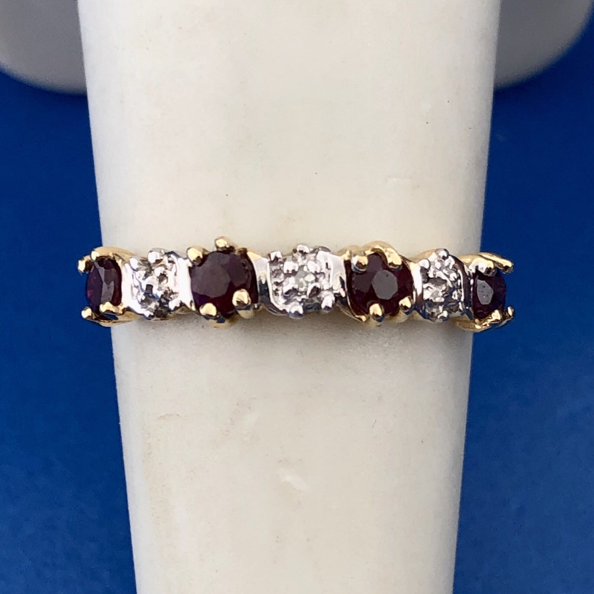 Retro 10K Yellow White Gold Ruby Diamond Stackable Anniversary Band Ring