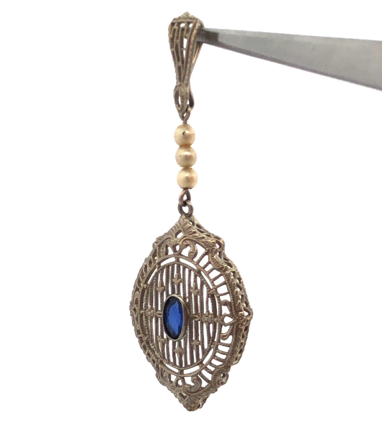 Vintage 14K White Gold Oval Blue Sapphire Seed Pearl Filigree Statement Pendant