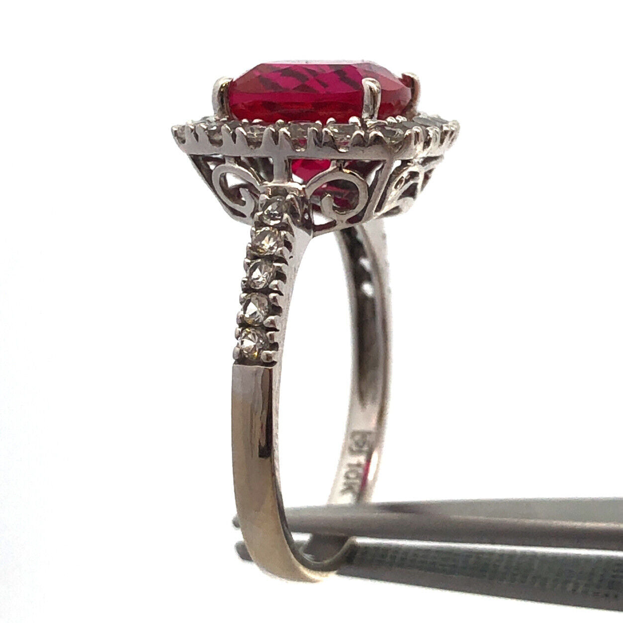 10k White Gold Lab Created Ruby Diamond Halo Engagement Anniversary Ring