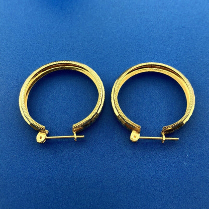 Elegant Designer 14K Yellow Gold Diamond Cut Textured Hoop Earrings