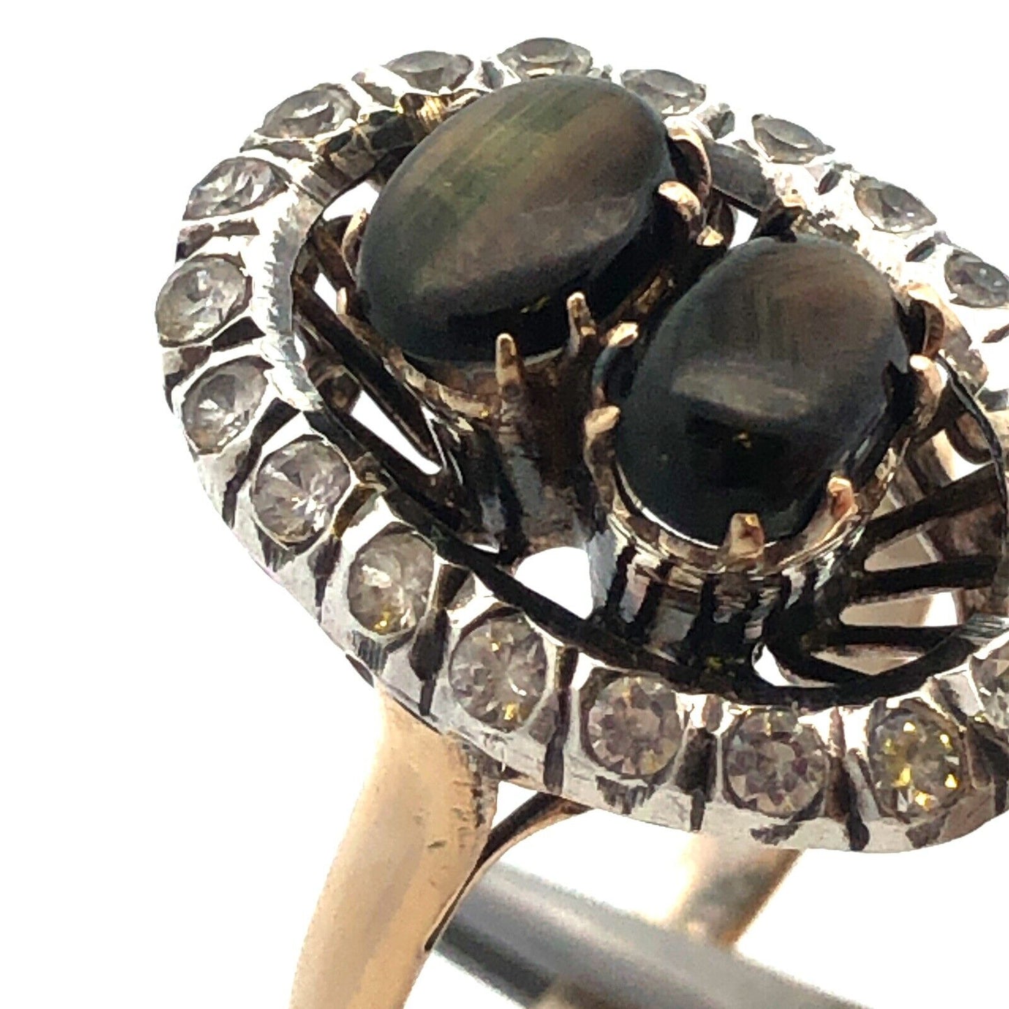 Vintage 14K Yellow Gold Black Star Sapphire White Amethyst Halo Cocktail Ring