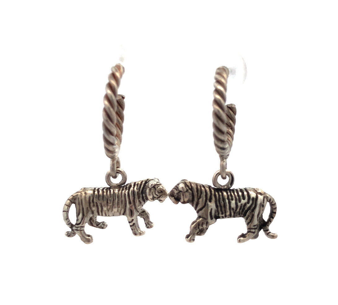 925 Sterling Silver 3D Tiger Dangle Stud Round Hoop Earrings