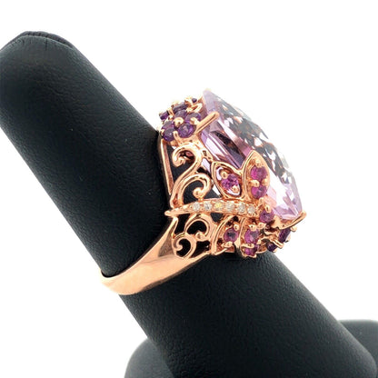 Designer 14K Yellow Gold Amethyst Pink Tourmaline Diamond Statement Floral Ring