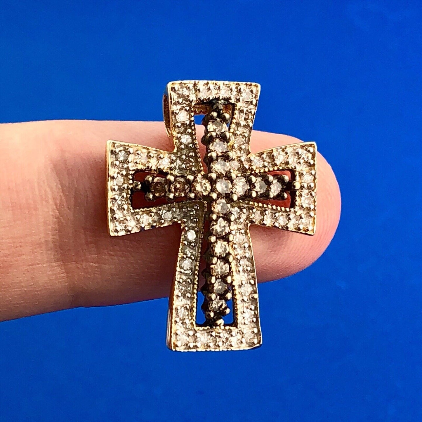 Designer 14K Yellow Gold White Champagne Diamond Statement Cross Pendant