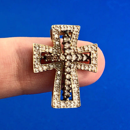 Designer 14K Yellow Gold White Champagne Diamond Statement Cross Pendant