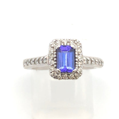 Designer 14K White Gold Emerald Cut Tanzanite Diamond Halo Engagement Ring
