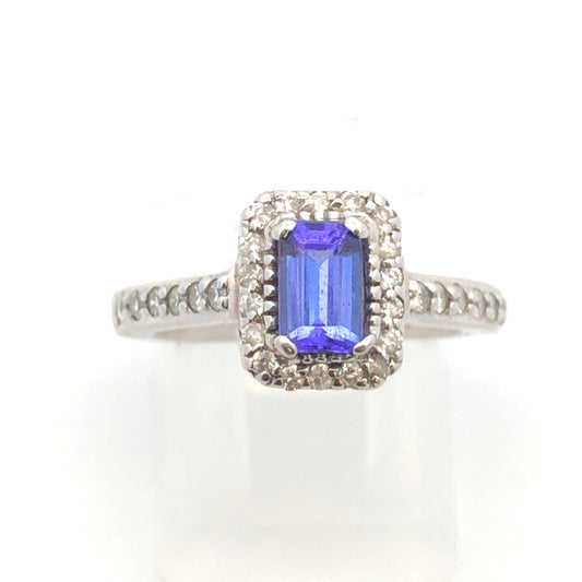 Designer 14K White Gold Emerald Cut Tanzanite Diamond Halo Engagement Ring