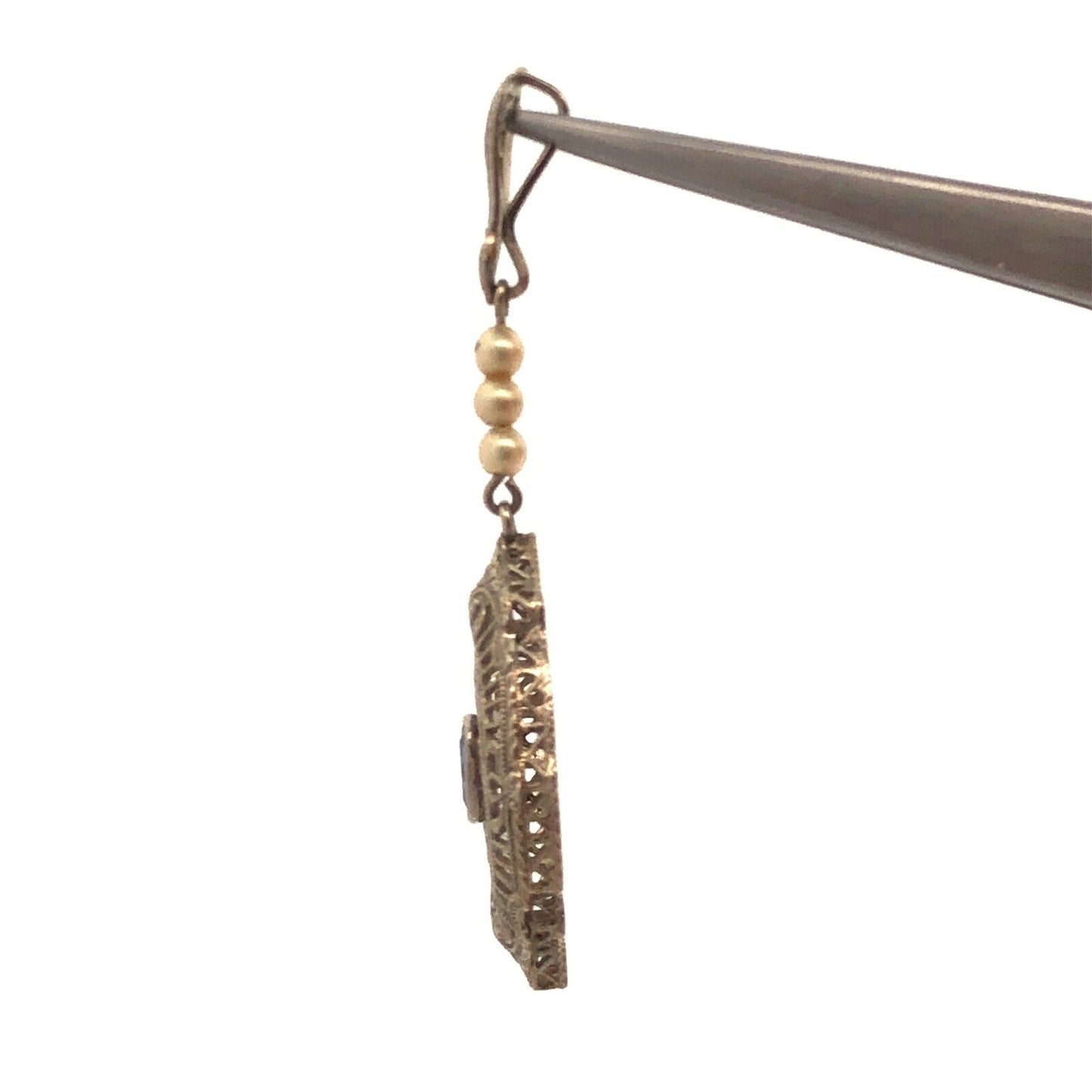 Vintage 14K White Gold Oval Blue Sapphire Seed Pearl Filigree Statement Pendant