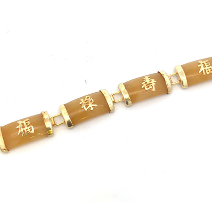 925 Sterling Silver Estate Vermeil Yellow Jade Chinese Luck Longevity Bracelet
