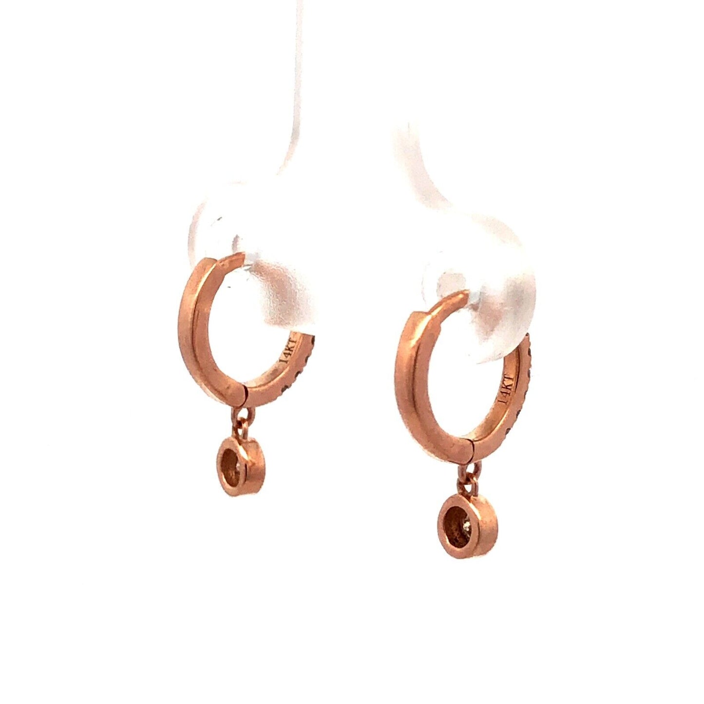 14KT Rose Gold Round Diamond Tiny Hinged Huggie Hoop Dangle Earrings
