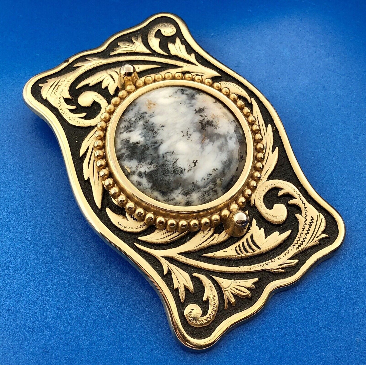 Dramatic Brass Black White Jasper Stone Scroll Intaglio Rectangle Belt Buckle