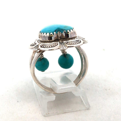 Native American QT 925 Sterling Silver Heart Turquoise Dangle Bead Charm Ring