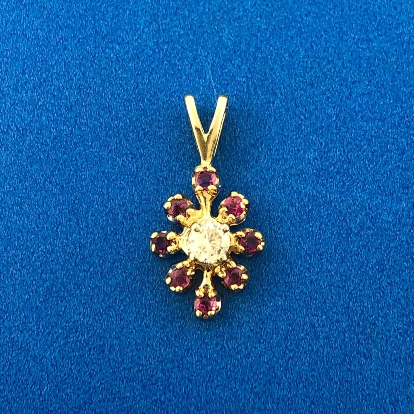 Vintage 14K Yellow Gold Ruby Diamond Floral Starburst July Anniversary Pendant