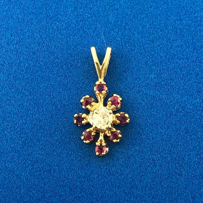 Vintage 14K Yellow Gold Ruby Diamond Floral Starburst July Anniversary Pendant