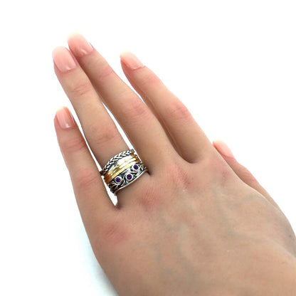PAZ Creations 925 Sterling Silver Two Tone Amethyst Vine Wide Spinner Band Ring