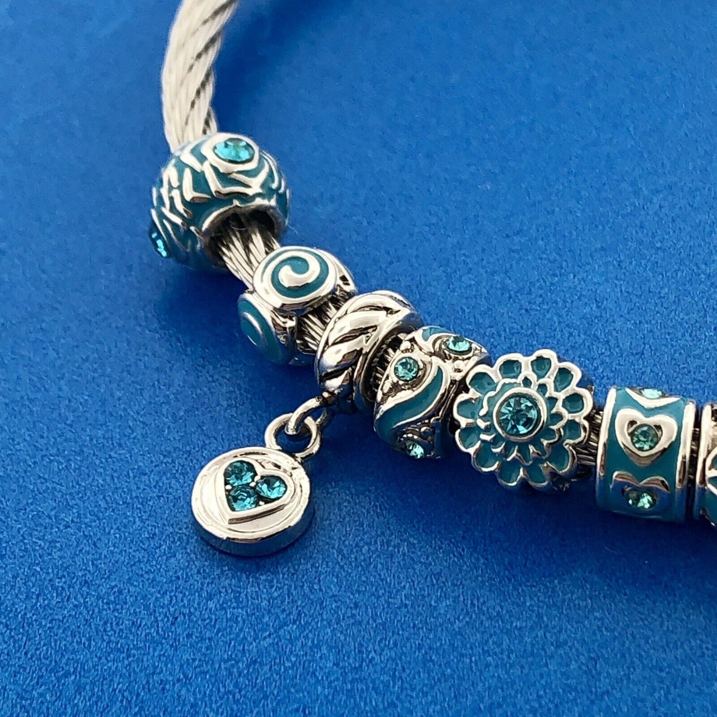Aqua CZ Enamel Twisted Wire 10 Charm My Granddaughter My Love Charm Bracelet
