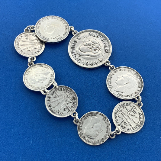 Vintage 1942-1943 Great Britain Australia 3 Pence 6 Pence Shilling Coin Bracelet