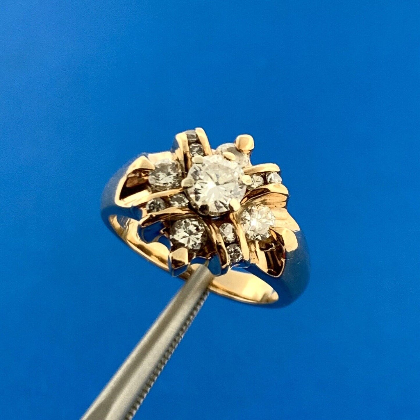 Gorgeous 14k Yellow Gold Round Cut Diamond Multi-Level X Cluster Ring Size 5.5